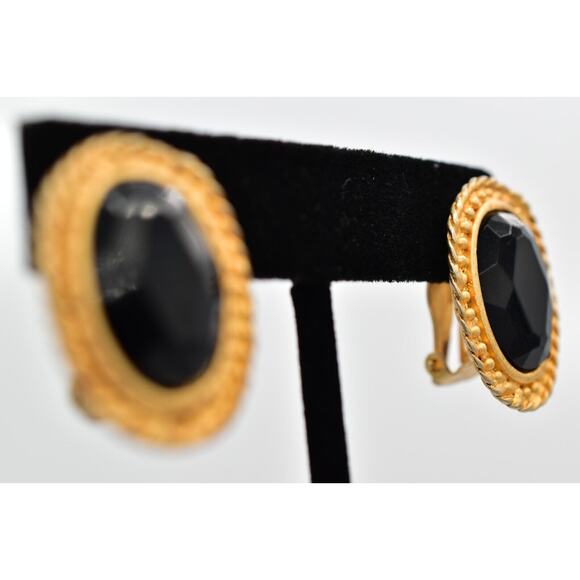 Vintage Crystal Clip On Earrings Black Oval Brushed Gold Matte Retro 1980s BinAI - Picture 5 of 12